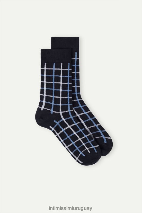 calcetines cortos de algodón estampados Intimissimi hombres 187j-cuadro azul oscuro V806B8334 medias