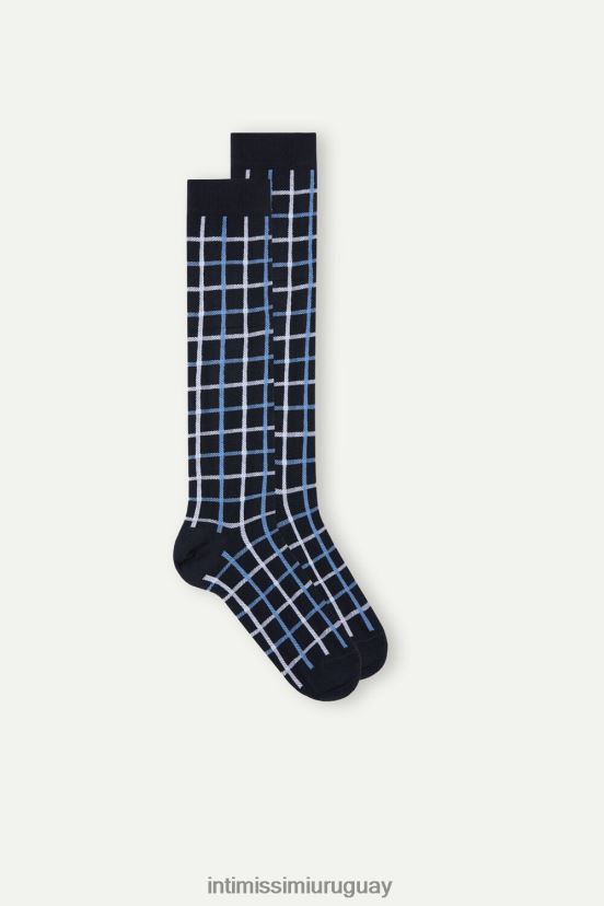 calcetines largos de algodón estampados Intimissimi hombres 187j-cuadro azul oscuro V806B8333 medias