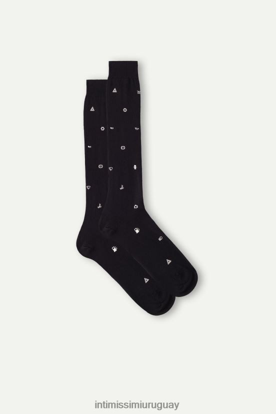 calcetines largos de algodón estampados Intimissimi hombres 200j-car luz de advertencia imprimir negro V806B8328 medias