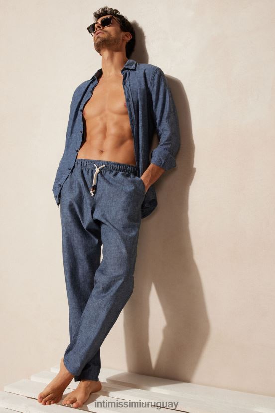 pantalones de lino y algodon Intimissimi hombres 288j-azul petróleo V806B8166 vestir