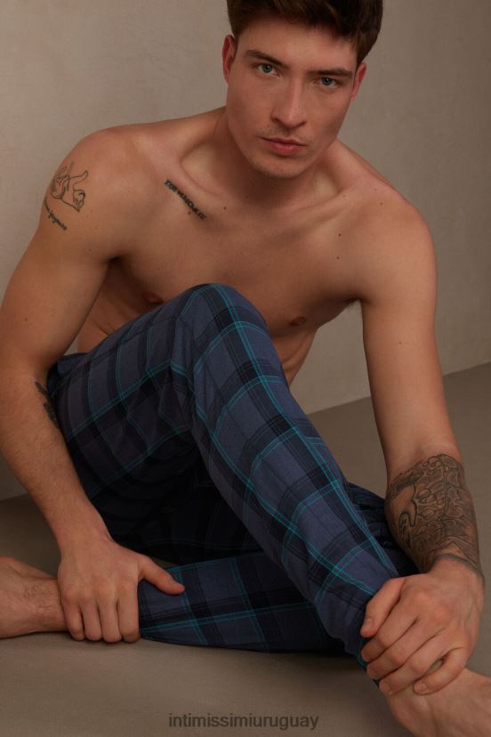 pantalones largos de algodón a cuadros Intimissimi hombres 168j-denim azul jaspeado/estampado de cuadros verde agua V806B8193 vestir