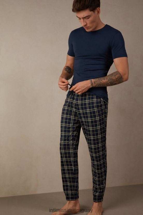pantalones largos de algodón con estampado de tartán azul Intimissimi hombres 171j-estampado tartán azul/amarillo V806B8195 vestir