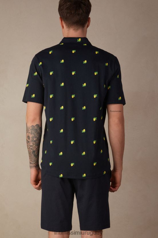 pijama corto de algodón con botones y estampado de limones Intimissimi hombres 307j-limón-impresión azul medianoche V806B8298 vestir
