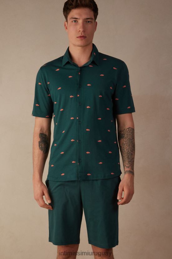 pijama corto de algodón con botones y estampado de peces payaso Intimissimi hombres 308j-pez payaso-estampado verde oscuro V806B8297 vestir