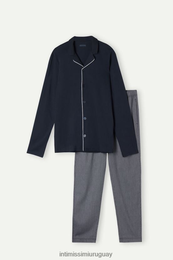 pijama largo abierto con motivo de piqué de canalé de algodón Intimissimi hombres 800-azul medianoche V806B8300 vestir