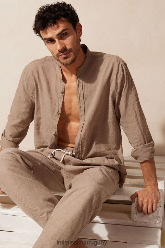 camisa con cuello mao de lino y algodón Intimissimi hombres 295j-tabaco V806B8162 vestir