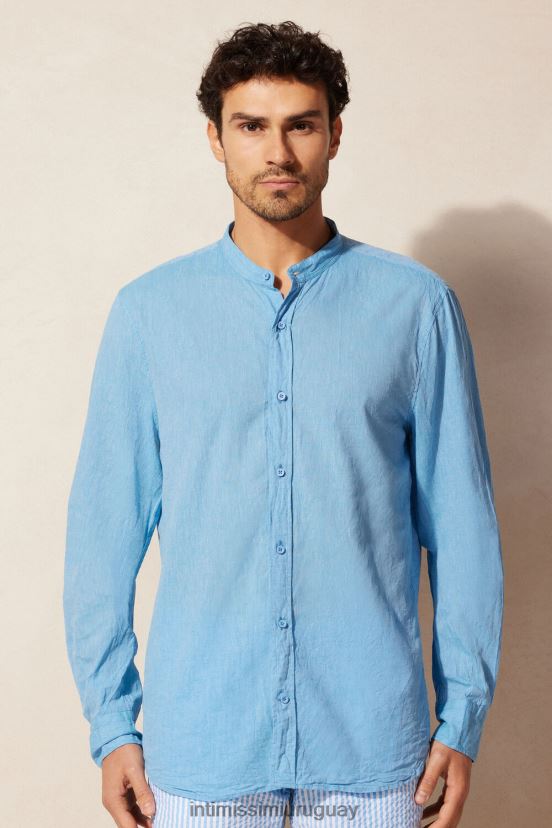 camisa con cuello mao de lino y algodón Intimissimi hombres 296j-azul brillante V806B8169 vestir