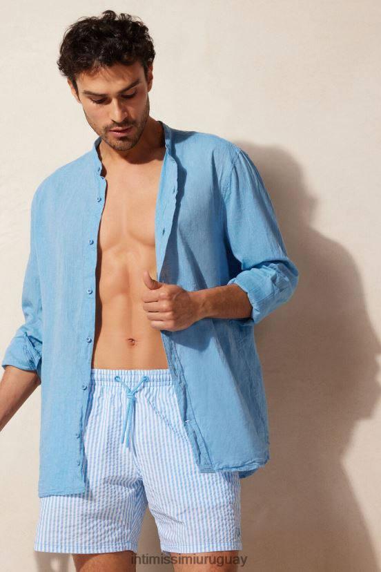 camisa con cuello mao de lino y algodón Intimissimi hombres 296j-azul brillante V806B8169 vestir
