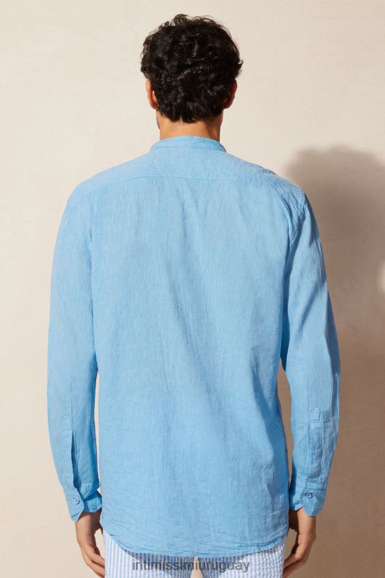 camisa con cuello mao de lino y algodón Intimissimi hombres 296j-azul brillante V806B8169 vestir