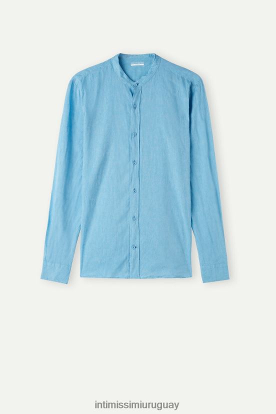 camisa con cuello mao de lino y algodón Intimissimi hombres 296j-azul brillante V806B8169 vestir