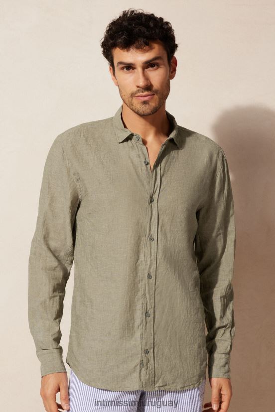 camisa de lino y algodón Intimissimi hombres 289j-verde militar V806B8163 vestir