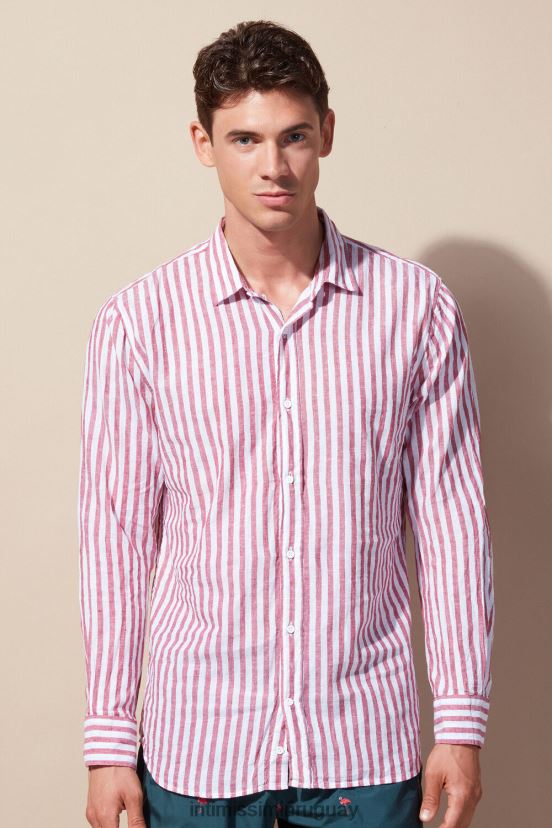 camisa de lino y algodón a rayas blancas/rojas Intimissimi hombres 291j-rayas rojas blancas V806B8157 vestir