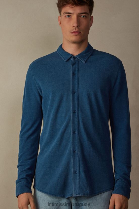 camisa de piqué de algodón colección lavada Intimissimi hombres 041j-mezcla azul denim V806B8206 vestir