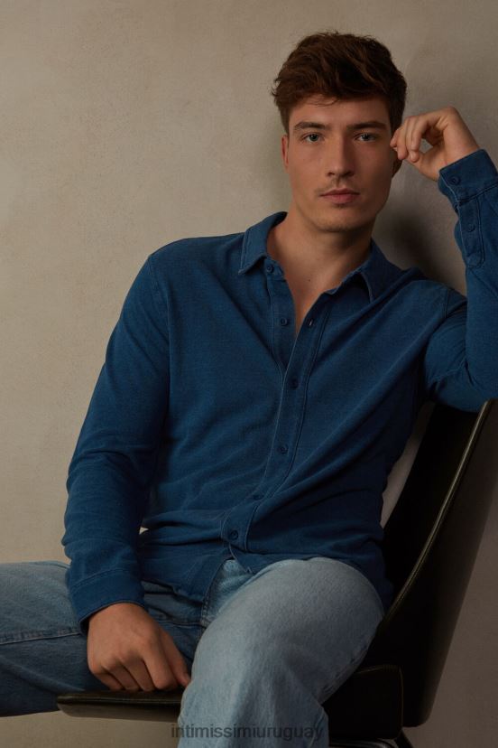 camisa de piqué de algodón colección lavada Intimissimi hombres 041j-mezcla azul denim V806B8206 vestir