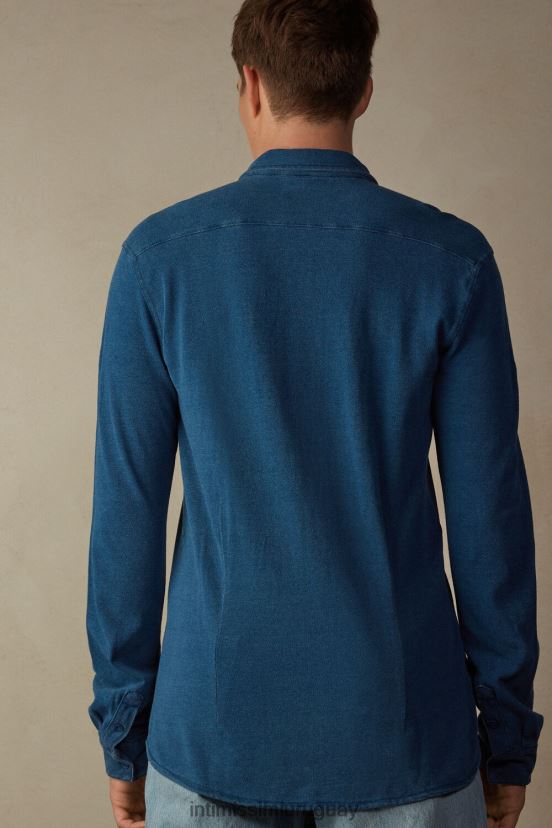 camisa de piqué de algodón colección lavada Intimissimi hombres 041j-mezcla azul denim V806B8206 vestir