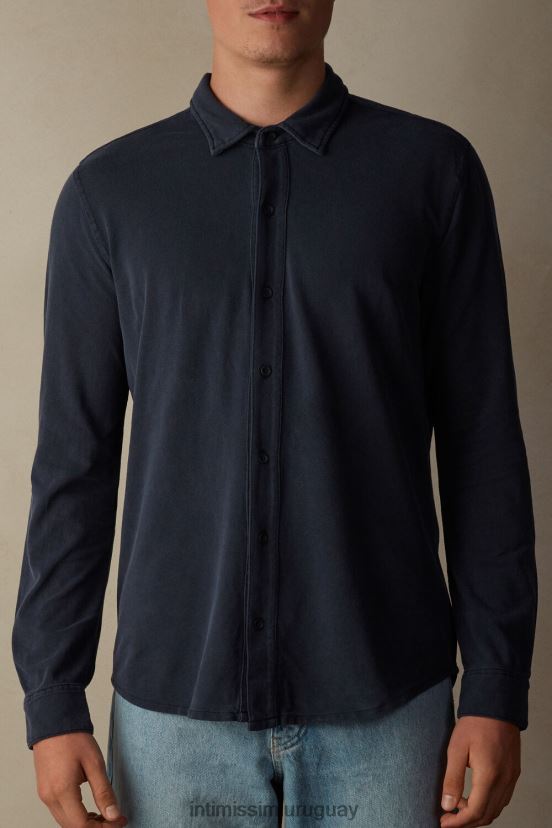 camisa de piqué de algodón colección lavada Intimissimi hombres 043j-azul lavado V806B8204 vestir