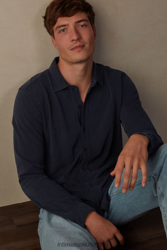 camisa de piqué de algodón colección lavada Intimissimi hombres 043j-azul lavado V806B8204 vestir