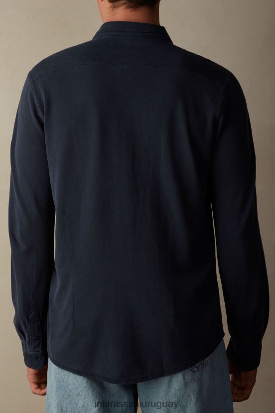 camisa de piqué de algodón colección lavada Intimissimi hombres 043j-azul lavado V806B8204 vestir