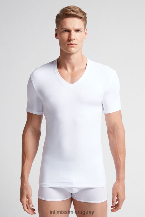 camiseta de algodón supima elástico con cuello en v Intimissimi hombres 001-blanco V806B8287 vestir