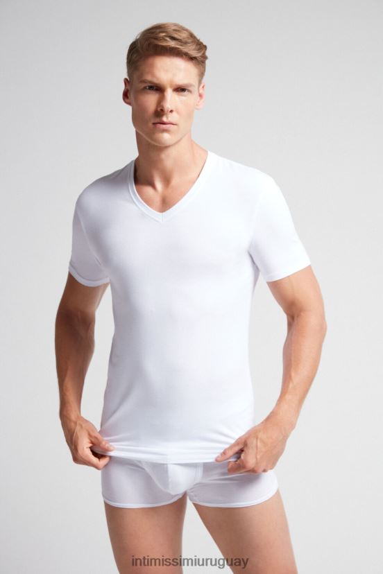 camiseta de algodón supima elástico con cuello en v Intimissimi hombres 001-blanco V806B8287 vestir