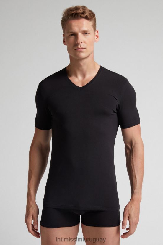 camiseta de algodón supima elástico con cuello en v Intimissimi hombres 019-negro V806B8280 vestir
