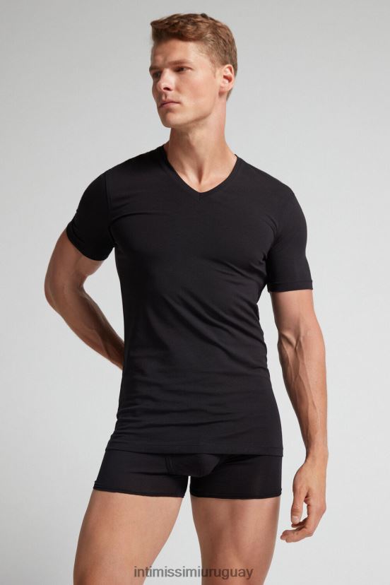 camiseta de algodón supima elástico con cuello en v Intimissimi hombres 019-negro V806B8280 vestir