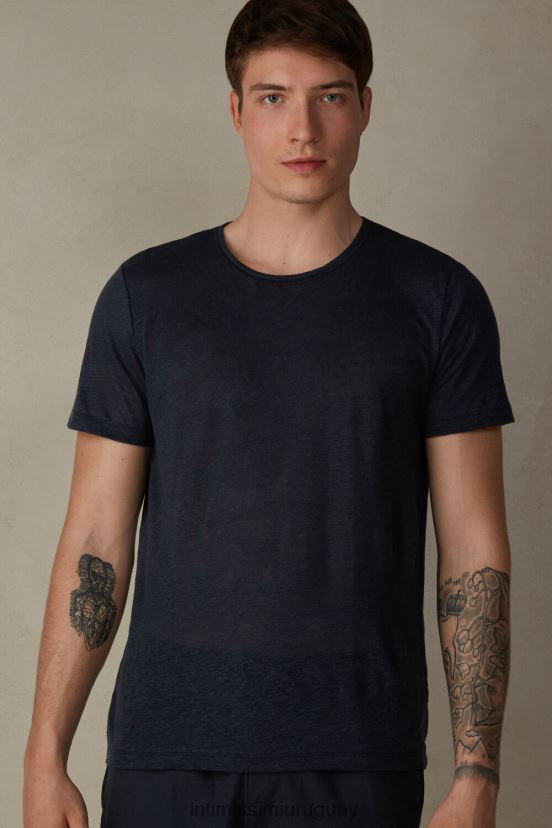 camiseta de lino de manga corta Intimissimi hombres 800-azul medianoche V806B8222 vestir