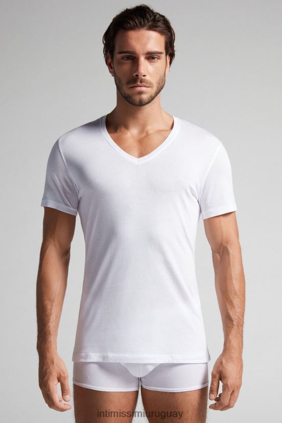 camiseta de manga corta con cuello en v de algodón supima extrafino Intimissimi hombres 001-blanco V806B8291 vestir