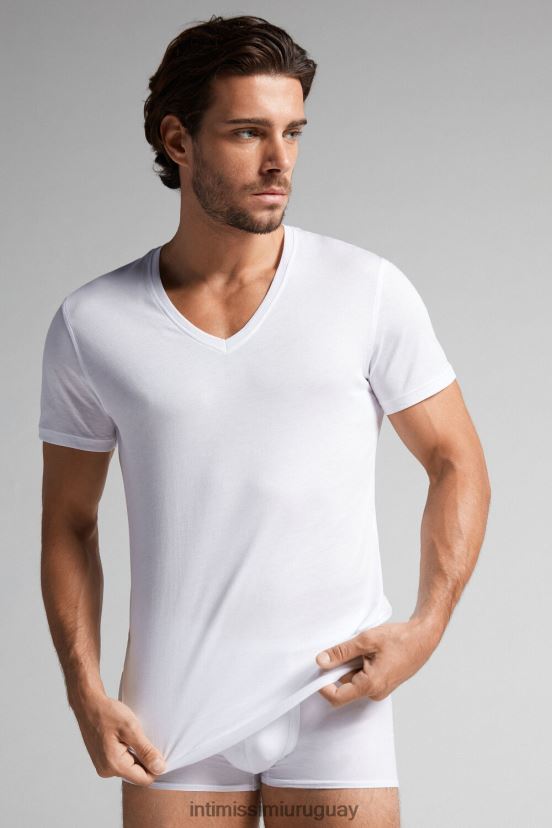 camiseta de manga corta con cuello en v de algodón supima extrafino Intimissimi hombres 001-blanco V806B8291 vestir