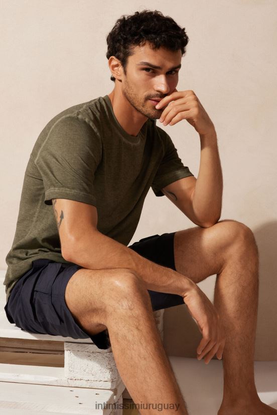 top de algodón lavado al aceite de manga corta Intimissimi hombres 319j-aceite verde V806B8161 vestir