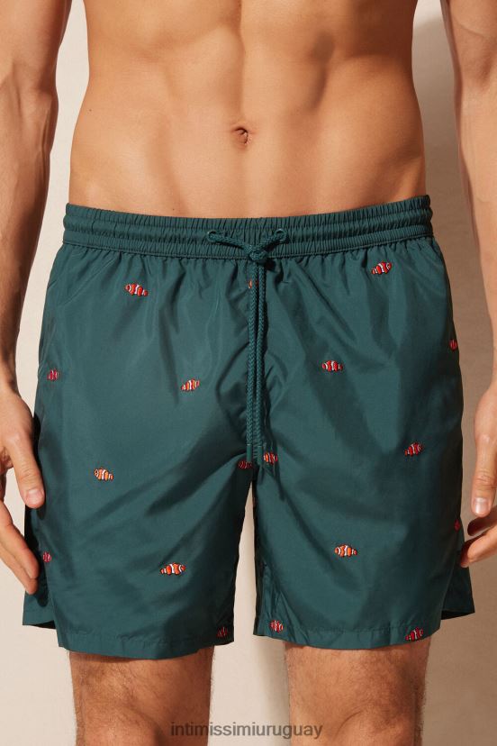 shorts de baño con bordado de pez payaso Intimissimi hombres 250j-pez payaso bordado verde oscuro V806B8433 vestir