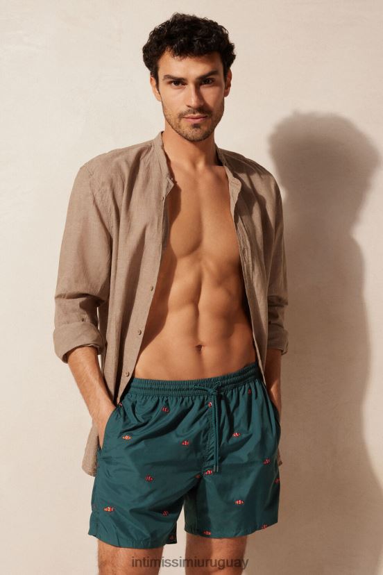 shorts de baño con bordado de pez payaso Intimissimi hombres 250j-pez payaso bordado verde oscuro V806B8433 vestir