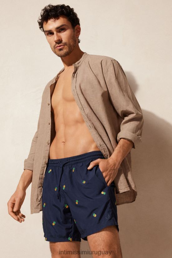 shorts de baño con bordado de piña Intimissimi hombres 192j-piña-estampado azul profundo V806B8408 vestir