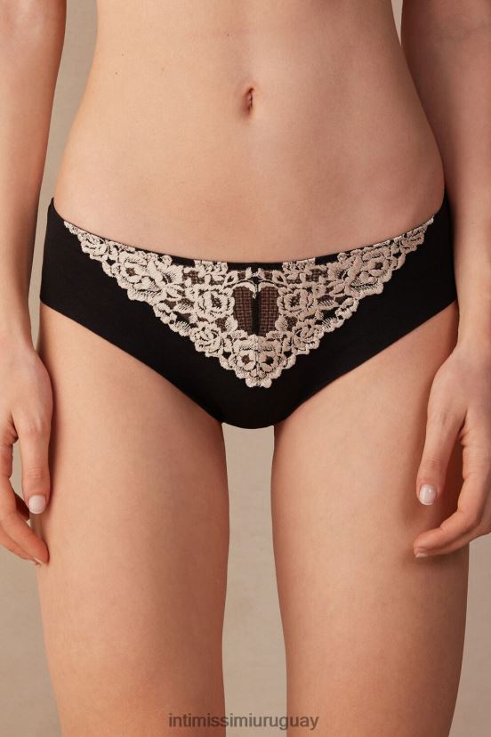 braguitas de algodón sin costuras con bonitas flores Intimissimi mujer 9887-negro/marfil V806B81148 ropa interior