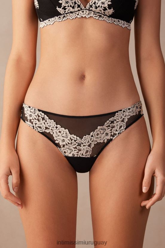 braguitas brasileñas con bonitas flores Intimissimi mujer 9887-negro/marfil V806B81166 ropa interior