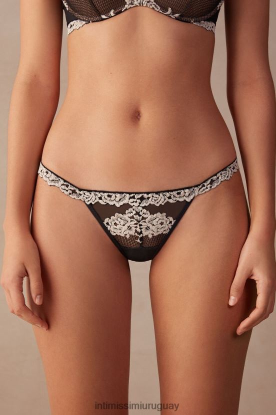 tanga con bonitas flores y tiras laterales Intimissimi mujer 9887-negro/marfil V806B81168 ropa interior