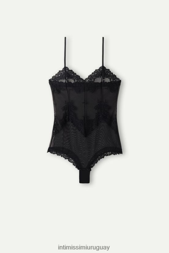 body de encaje y tul con bonitas flores Intimissimi mujer 019-negro V806B81229 vestir
