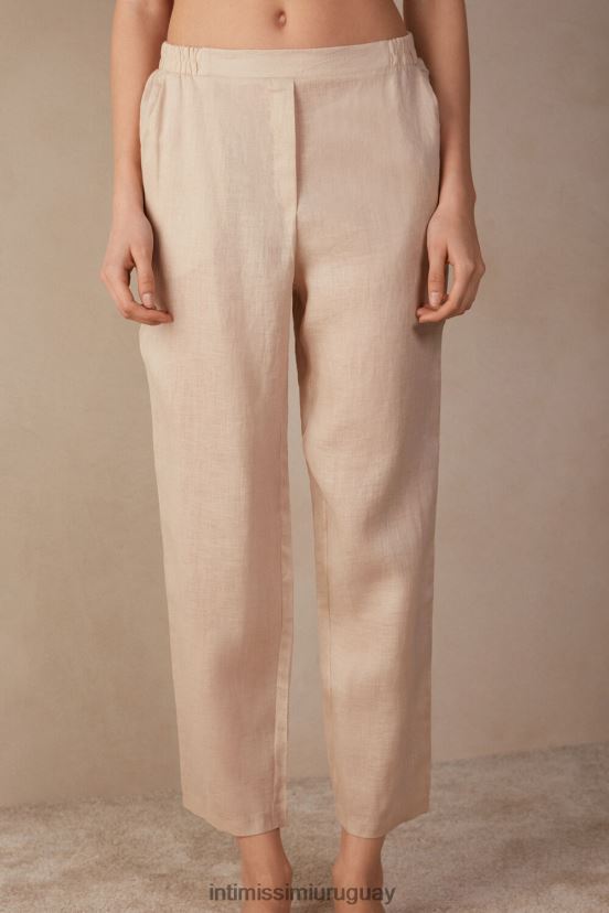 pantalones de lino de tejido liso Intimissimi mujer 913i-cuerda beige V806B81292 vestir
