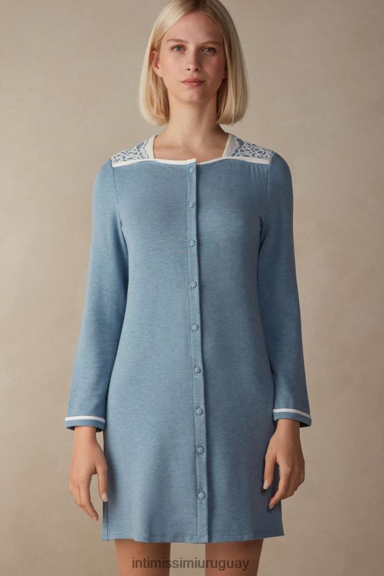 Modal de dormitorio romántico con camisón de lana con botones. Intimissimi mujer 145j-azul claro jaspeado/blanco polvo V806B81584 vestir
