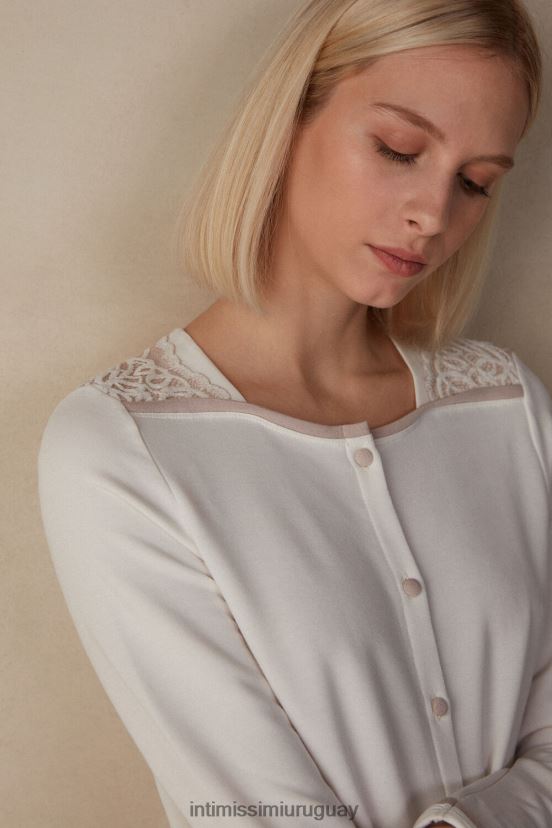 Modal de dormitorio romántico con camisón de lana con botones. Intimissimi mujer 157j-blanco polvo/rosa antiguo V806B81587 vestir