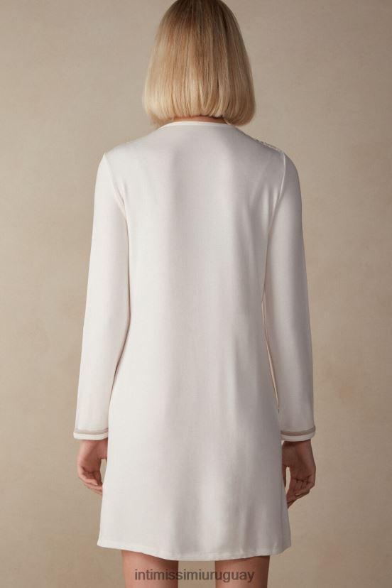 Modal de dormitorio romántico con camisón de lana con botones. Intimissimi mujer 157j-blanco polvo/rosa antiguo V806B81587 vestir