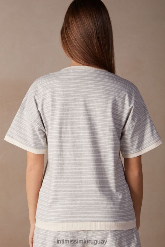 top casual de manga corta de domingo Intimissimi mujer 224j-gris melange/raya beige vainilla V806B81560 vestir