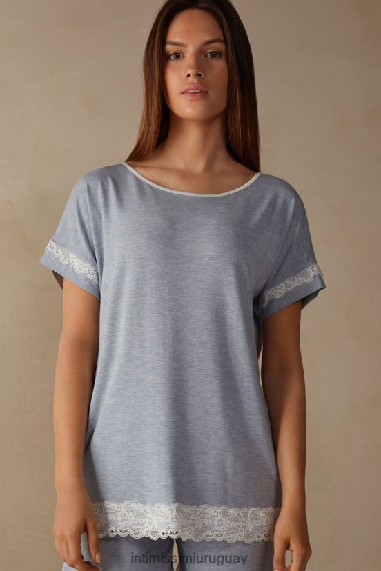 top de modal de manga corta con detalle de encaje Intimissimi mujer 009j-azul claro melange V806B81634 vestir
