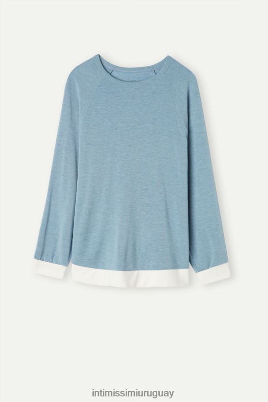 Modal de dormitorio romántico con tapa de lana con ribete en contraste. Intimissimi mujer 145j-azul claro jaspeado/blanco polvo V806B81583 vestir