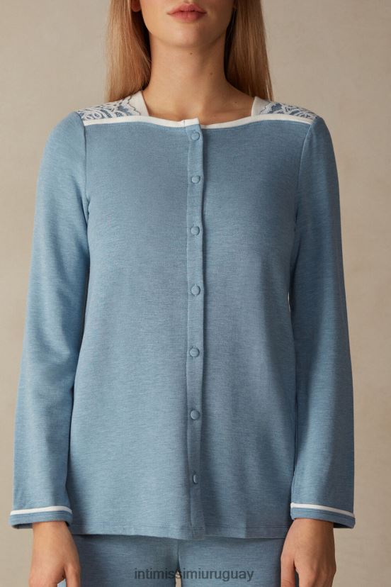 Modal de dormitorio romántico con top de lana con botones. Intimissimi mujer 145j-azul claro jaspeado/blanco polvo V806B81588 vestir