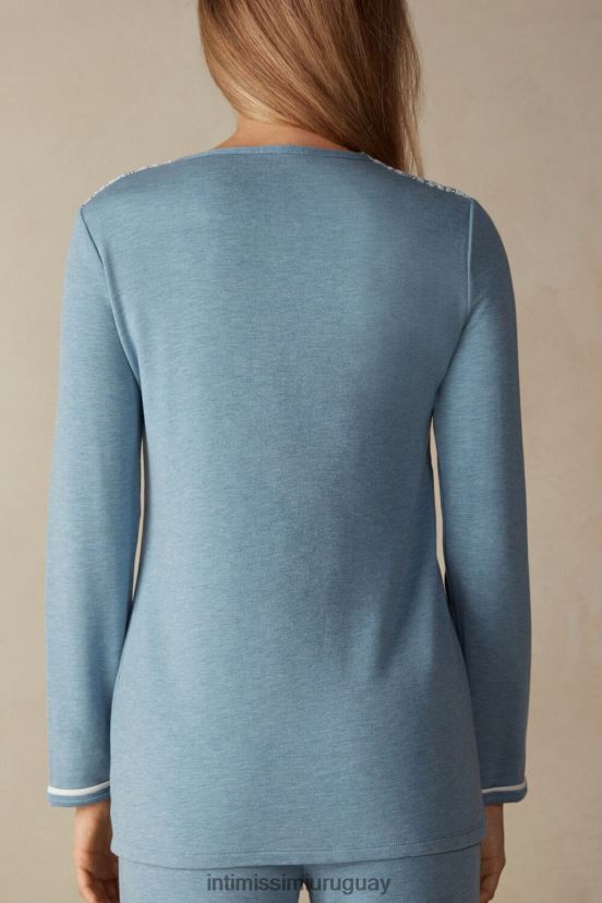 Modal de dormitorio romántico con top de lana con botones. Intimissimi mujer 145j-azul claro jaspeado/blanco polvo V806B81588 vestir