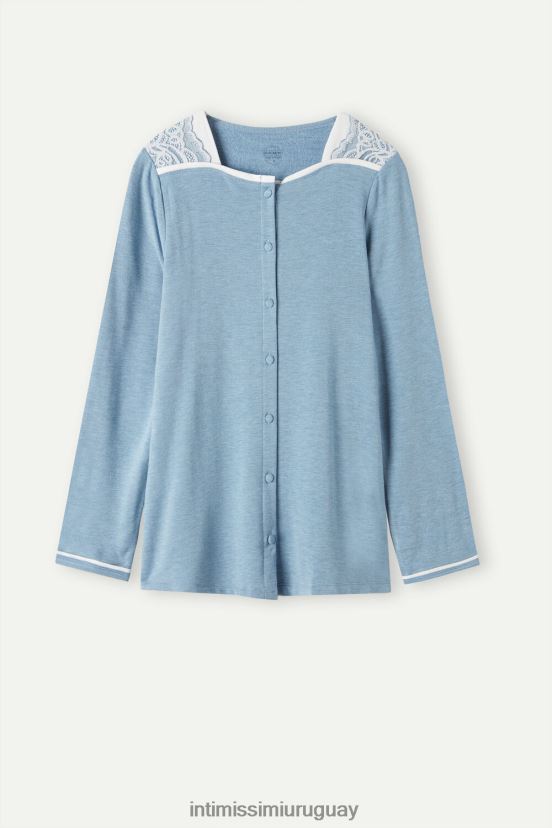 Modal de dormitorio romántico con top de lana con botones. Intimissimi mujer 145j-azul claro jaspeado/blanco polvo V806B81588 vestir
