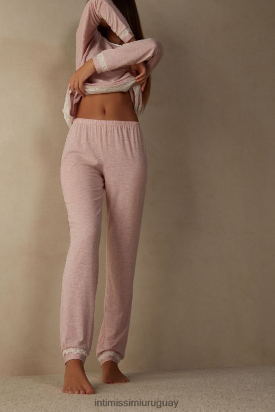 pantalón largo de modal con detalles de encaje Intimissimi mujer 008j-rosa claro melange V806B81622 vestir