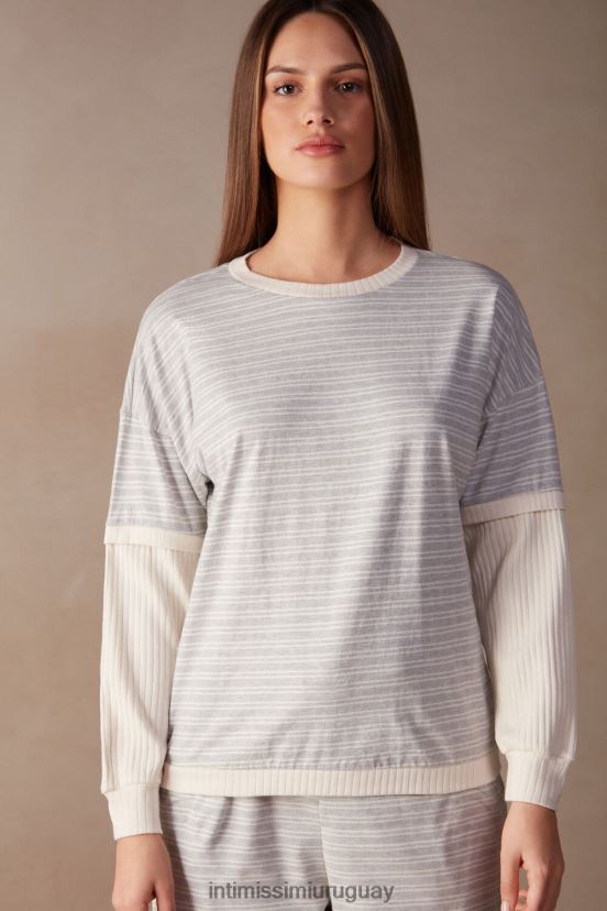 top casual de manga larga de domingo Intimissimi mujer 224j-gris melange/raya beige vainilla V806B81559 vestir