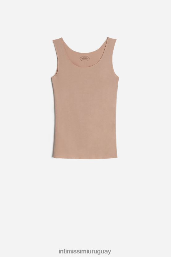 top sin mangas de algodón supima con cuello redondo y bordes sin rematar Intimissimi mujer 044-beige suave V806B81467 vestir